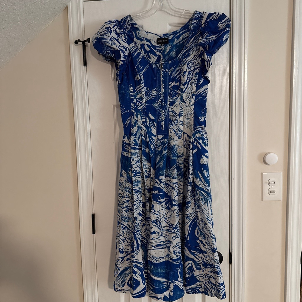Women's JESSIE ZHAO Blue White Abstract Print Midi Dress Size 4